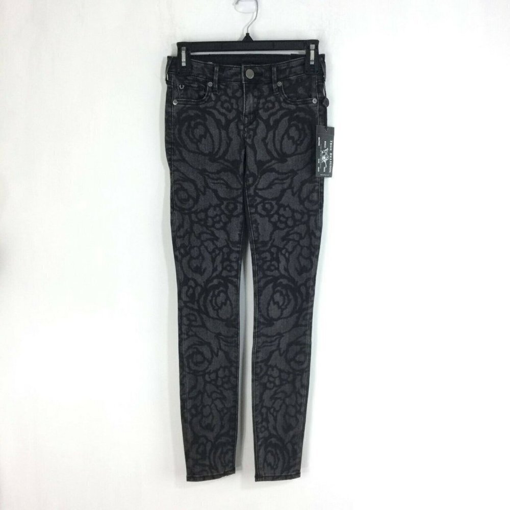 TRUE RELIGION Halle Black Rose Mid Rise Super Skinny Jeans Pants Women Sz 24 NWT